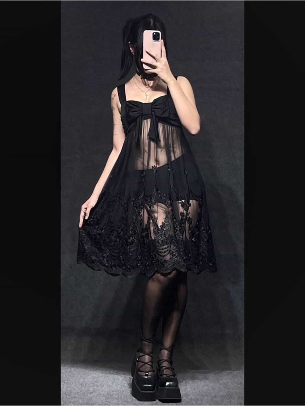 Sheer Black Lace Bow Babydoll Dress